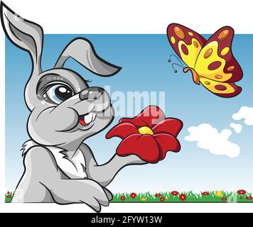 Kaninchen mit einer Blume in der Hand und einem Schmetterling auf einer Blumenwiese, Vektorgrafik Stock Vektor