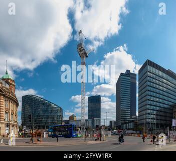 In der Nähe des Angel Square im Stadtzentrum von Manchester, in der Nähe des Hauptgebäudes der Co-operative Group, werden Bauarbeiten durchgeführt. Stockfoto