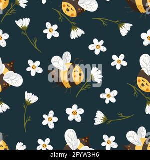 Cartoon Biene niedlich Vektor nahtlose Muster. Festliche Insekten und Gänseblümchen Blume Sommer Kinder Tapete Design. Stock Vektor