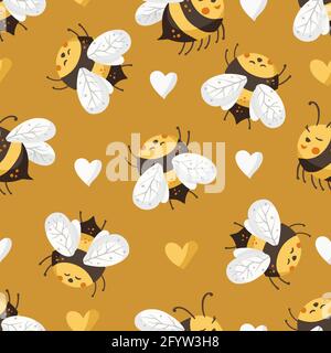 Cartoon Biene niedlich Vektor nahtlose Muster. Festliche Insekten Sommer Kinder Tapete Design. Stock Vektor