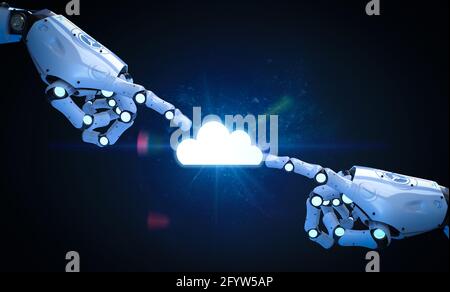 Cloud-Speichertechnologie mit 3d-Rendering-Cloud mit Roboterhand Stockfoto