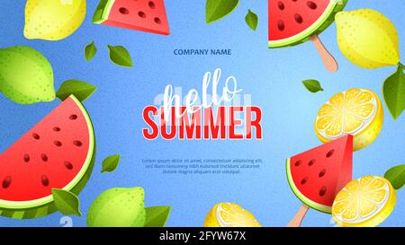 Sommer helles Banner mit reifen Früchten und rotem Stück Wassermelone auf einem Stock in Papierform Stock Vektor