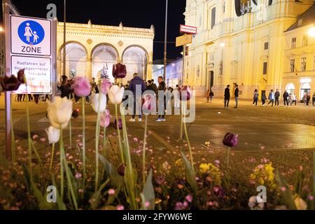 Am Odeonsplatz ist es ruhig. Junge Menschen feiern in der Nacht vom 29. Auf den 30. Mai 2021 in München auf den sog. Party-Hotspots. Auf dem Professor-Huber-Platz gibt es einen Polizeieinsatz. The USK führt zahlreiche Identitationsfeststellungen durch. * am Odeonsplatz ist die Lage ruhig. Jugendliche feiern in der Nacht vom 29. Auf den 30. Mai 2021 in den sogenannten Party-Hotspots in München. Am Professor-Huber-Platz kontrollierte die Sondereinheit der Polizei USK mehrere Identitäten. (Foto: Alexander Pohl/Sipa USA) Quelle: SIPA USA/Alamy Live News Stockfoto