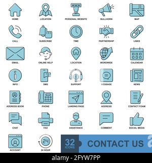 Kontaktieren Sie uns Minimal dünne Linie, solide, Glyphe, Farbe, Web-Symbol-Set. Übersicht Symbole Sammlung. Einfache Vektordarstellung. Stock Vektor