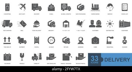 Lieferung, Versand, Logistik minimal dünne Linie, solide, Glyphe, Farbe, gefüllte Web-Symbol-Set. Übersicht Symbole Sammlung. Einfache Vektordarstellung. Stock Vektor