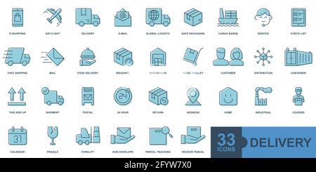 Lieferung, Versand, Logistik minimal dünne Linie, solide, Glyphe, Farbe, gefüllte Web-Symbol-Set. Übersicht Symbole Sammlung. Einfache Vektordarstellung. Stock Vektor
