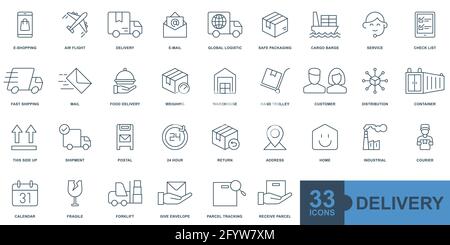 Lieferung, Versand, Logistik minimal dünne Linie, solide, Glyphe, Farbe, gefüllte Web-Symbol-Set. Übersicht Symbole Sammlung. Einfache Vektordarstellung. Stock Vektor