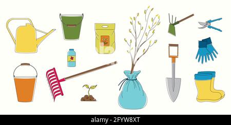 Helle Vektorlinie Kunst Satz von Werkzeugen für Gartenarbeit und Landwirtschaft. Pflanzen im Frühling und Sommer Stock Vektor