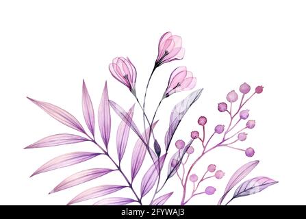 Aquarell florale Komposition. Handbemaltes Kunstwerk mit transparenten Frühlingsblumen und Zweig. Abstrakte botanische Illustration für Karten, Hochzeit Stockfoto