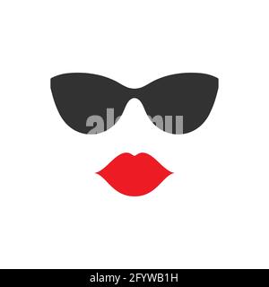 Weibliche hübsche rote Lippen und Sonnenbrille. Lippen und Brille, Frau Gesicht Symbol. Stock Vektor