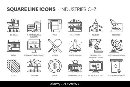 Branchenbezogene, quadratische Vektorsymbole für Anwendungen und Website-Entwicklung. Das Icon Set ist pixelperfect mit 64x64 Grid. Hergestellt mit p Stock Vektor