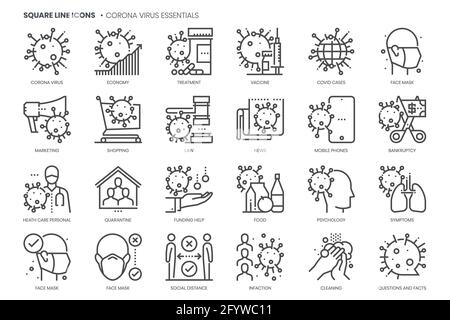 Coronavirus-bezogener, quadratischer Vektor-Symbolsatz für Anwendungen und Website-Entwicklung. Es geht um Quarantäne, Biogefährdung, Kontamination, epid Stock Vektor
