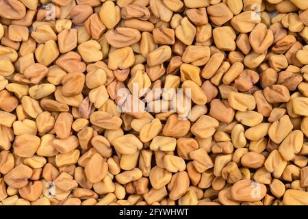 Hintergrund der Nahrung - viele ganze Bockshornkleesamen Stockfoto