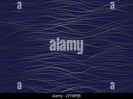 Abstraktes Muster mit goldenen Wellenlinien auf dunkelblauem Hintergrund im Luxusstil. Vektorgrafik Stock Vektor
