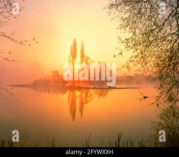 Großbritannien, England, Hereford & Worcester, Fladbury Wehr, Dawn, Feder, Stockfoto