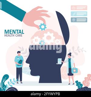 Behandlungskonzept für die psychische Gesundheit. Facharzt arbeitet, um Psychotherapie zu geben. Teamarbeit, medizinische Dienste. Weibliche und männliche Ärzte in unifor Stock Vektor