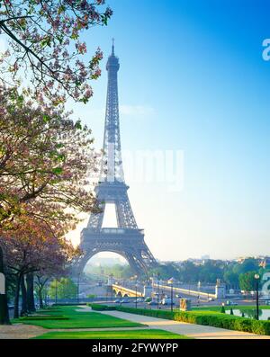 Frankreich, Paris, Eiffelturm, Sonnenaufgang, Frühling, Stockfoto