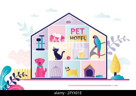 Gebäude mit verschiedenen Haustieren. Hotel für Haustiere mit Hunden, Katzen, Papageien und Hamstern. Konzept von Haustierpflege, Business und Urlaub. Banne Stock Vektor