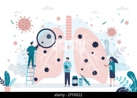 Lungen, die von einer Lungenentzündung betroffen sind. Coronavirus greift an und verursacht Krankheiten. Das Ärzteteam diagnostizierte und behandelnde Covid-19. Banner zu Gesundheitsproblemen. Atemtrigon Stock Vektor