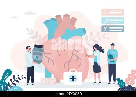 Ein Team von Kardiologen untersucht das Herz auf Krankheiten. Eine Gruppe von Ärzten behandelt das Herz mit verschiedenen Pillen. Kardiovaskuläre Systemuntersuchung. Konzept des Cardio Stock Vektor