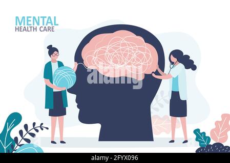 Behandlungskonzept für die psychische Gesundheit. Facharzt arbeitet, um Psychotherapie zu geben. Arzt und Krankenschwester helfen bei der Lösung von psychischen Problemen. Lustige weibliche Cha Stock Vektor