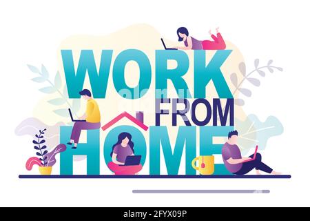 Arbeiten Sie von zu Hause aus, vom Konzept-Banner oder von der Landing Page. Geschäftsleute nutzen Laptops. Fernarbeit, Fernkommunikation. Covid-19-Prävention. Motivierende te Stock Vektor
