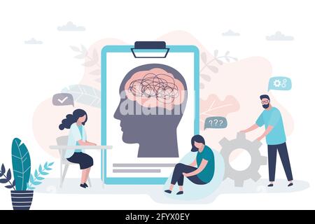 Psychotherapeutin, die weibliche Patientin untersucht. Gruppe von Ärzten, die mit einer Patientin über die psychische Gesundheit sprechen. Konzept der psychologischen Hilfe, Gesundheitswesen, c Stock Vektor