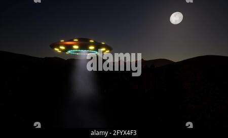 Fantasy UFO und Mondlicht Zukunftstechnologie Fliegende Raumschiffnacht Stars 3d-Rendering Stockfoto