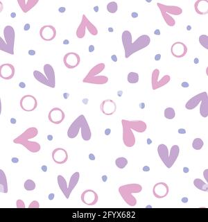 Romantisches Nahtloses Muster mit Doodle-Herz, Blasen und Punkten. Einfacher, moderner, handgezeichneter Hintergrund. Wiederholende Vektorgrafik für Einladungen, Karten- oder Geschenkpapier. Stock Vektor