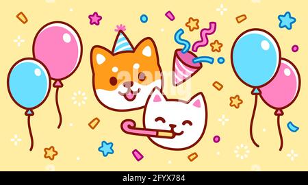 Niedliche Cartoon Katze und Hund Charakter mit Party Hut, Konfetti und Ballons. Neujahrsfeier, Geburtstagsfeier Banner. Kawaii-Vektordarstellung. Stock Vektor