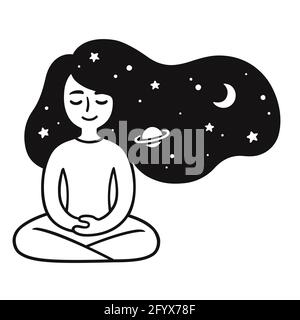 Junge Frau meditiert mit Sternen und Galaxienhaaren. Nettes Mädchen Meditation Doodle. Einfache Schwarz-Weiß-Zeichnung, Vektorgrafik. Stock Vektor