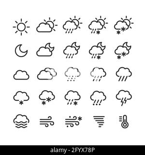 Wetterprognosesymbole eingestellt. Wolken, Niederschlag und Wetterbedingungen, Tag und Nacht. Vektorlinien-Symboldarstellung. Stock Vektor