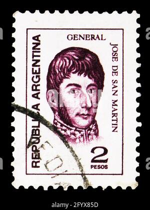 MOSKAU, RUSSLAND - 27. SEPTEMBER 2019: Die in Argentinien gedruckte Briefmarke zeigt José Francisco de San Martín (1778-1850), Generals Serie, um 1975 Stockfoto