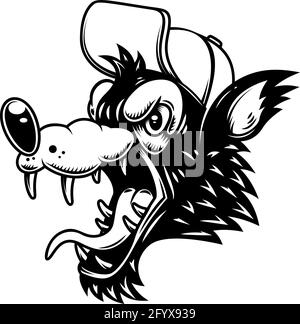 Illustration von Cartoon Wolf in Racer Helm. Gestaltungselement für Plakat, Karte, Banner, Schild, Logo. Vektorgrafik Stock Vektor