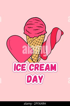 Eiscreme-Tag. Urlaubskonzept. Vorlage für Hintergrund, Banner, Karte, Poster mit Texteinschrift. Vektor bunte Illustration auf rosa Hintergrund. Stock Vektor