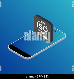 Isometrisches Symbol ISO 31000. Risikomanagement. Symbol für Standardqualität. Vektor-Button-Zeichen isoliert auf farbigem Hintergrund . Stock Vektor