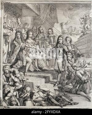 Allegorie auf die Ereignisse von 1689 mit Willem III. Und Maria auf dem Thron (linke Hälfte). Allegorie auf die Ereignisse 1689 mit dem Stadholder-König Willem III. Und Königin Maria auf dem Thron. Die linke Hälfte von zwei Blättern, die zusammen eine bilden, zeigt. Für Willem und Maria steht der Herzog von Schomberg mit zwei knieenden, überwundenen irischen Generälen, denen der König und die Königin Gnade gewährt wird. An der linken Front wurden drei Personifikationen von Verrat, Rebellion und Desertie gefangen genommen. Auf der rechten Hälfte einer Pyramide mit den Ereignissen der ersten sechs Monate. Jacobus II fällt von der Pyramide oben. Einige Elemente in den s Stockfoto