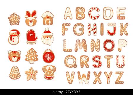 Weihnachten Lebkuchen-Kekse Alphabet mit Zahlen. Keksbuchstaben, Zeichen für Weihnachtsbotschaften und Design. Vektorgrafik mit Dekorationen. Stock Vektor