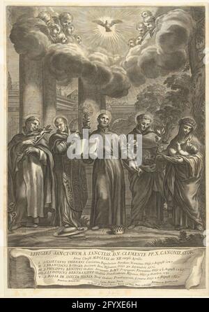 Fünf Heilige, die von Papst Clemens X assoziiert werden; Bildnis Sanctorum a sanctiss.Mo d.n. Clemente pp.x canonizator.um. Vier männliche Heilige und ein weiblicher heiliger stehen mit ihren Attributen für eine Pilotenhalle. Von links nach rechts: Ludovicus Beltrán mit Gewehr, das sich in Kruzifix geändert hat, Franciscus Borgia mit Hostie, Kajetanus von Thiene mit Lelietak, Philippus Benitius mit Schädel und die heilige Rosa von Lima mit Rosenkranz und dem Christuskind. Über ihnen erscheint eine Taube inmitten von Cheruben als Symbol des Heiligen Geistes. Auf einer Kartusche unter der Show sind die Namen der Heiligen mit dem Datum, an dem sie gestorben sind. Stockfoto