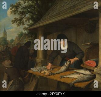 Die Fischfrau. Die Fischkauffrau. Hinter einem Stall auf dem Markt macht der Fisch einer Frau sauber. Auf dem Tisch stehen eine Krabbe und verschiedene große und kleine Fische (Schellfisch und schar), rechts ein großer gedrehter Lachs und eine Schuppen. Stockfoto
