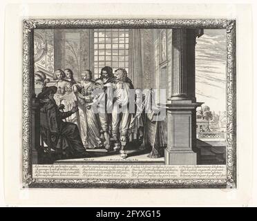 Verlorener Sohn, von seinem Vater bekleidet; L'Istoire de l'Enfant Prodigue; La Parabole du Fils Prodigue; Gleichnis vom verlorenen Sohn. In einem reich gepolsterten Innenraum, links im Vordergrund, befindet sich ein alter Mann, der Vater des verlorenen Sohnes, mit Hut mit Federn auf dem Kopf, auf einem Stuhl. Für ihn zwei Frauen, die ihm einen breiten flachen Spitzenkragen zeigen. Der Sohn ist in Hemd und Kniehose und wird von einem Angestellten in einer Marmelade unterstützt. Ein junger Diener hält seinen Mantel. Seine Baskenmütze mit Feder befindet sich auf einem Tisch. Stockfoto