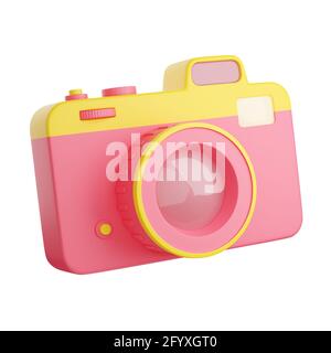 Fotokamera 3d-Rendering-Illustration. Kompakte digitale Fotokamera in Pink und Gelb mit Objektiv und Blitz. Stockfoto