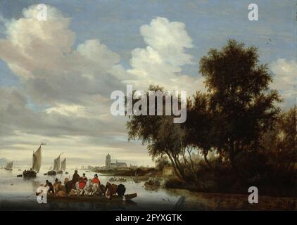 Flusslandschaft mit Fähre. Mit vier Pferden, fünf Hunden, zwei Kühen und elf Personen an Bord scheint diese schlanke Fähre schwer beladen zu sein. Die Boote in der Ferne sind auch mit Passagieren überfüllt. Salomon van Ruysdael war der Interpret par excellence der flachen, wässrigen holländischen Landschaft. Hier verwendete er eine erprobte kompositorische Formel: Rechts ein mit hohen Bäumen gesäumtes Ufer und links ein bis zum Horizont ausdehntes Gewässer. Stockfoto