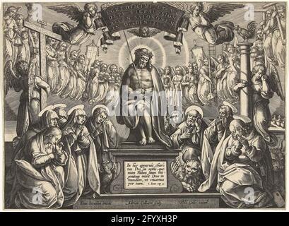Mann der Schmerzen. Christus, seine Hände gebunden, sitzt auf einer Säule mit Dornenkrone auf seinem Kopf. Um ihn knien die vier Evangelisten, Maria Magdalena, die Jungfrau Maria und eine andere Frau. Sie weinen. Über Christus verschiedene Engel mit der Passagierausrüstung. Die zentrale Säule hat eine lateinische Inschrift. Über Christus fliegen zwei Engel mit einer Banderole mit einer lateinischen Inschrift. Stockfoto