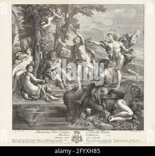 Apollo und Daphne. Apollo, der von einem der Amors-Pfeile betroffen war, jagte die Nymphe Daphne. Sie ruft ihren Vater um Hilfe und dann wechselte sie in einen Lorbeerbaum. Die Blätter knallen aus ihren Fingern. Zwei Flussgötter und drei Nymphen schauen auf die fliehende Daphne. Amor ist zwischen den Ästen zu sehen, die Ursache des Bösen. Er hält ein Pfeilen-Paket in der Hand. Stockfoto