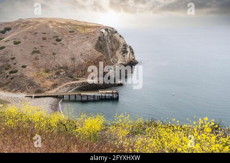 Blick auf das Dock von Scorpion Anchorage auf der Insel Santa Cruz im Channel Islands National Park in der Nähe von Los Angeles und Ventura, Kalifornien, USA. Stockfoto