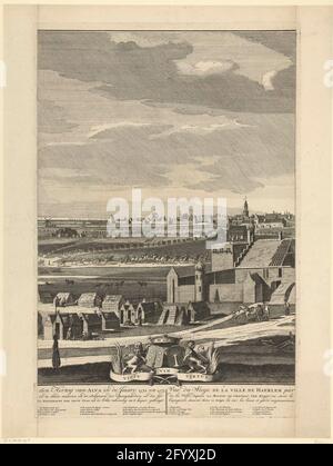 Belagerung von Haarlem, 1572-1573 (Mittelblatt); Bild der Belagerung der Stadt Haerlem durch Don Frederico De Toledo, Sohn des Herzogs von Alva im Jahr 1572 und 1573, um die Noordzyde der Stadt vom Huys ter Kleef aus zu sehen Über die Leprooshuys auf dem Halbmond, Agter de BRES, in den Stadtmauern, und die Schansen der Spanier, zur Zeit des (...) / vue du Siege de la Ville de Haerlem Par Don Frederic De Tolede, Fils du Duc D ' Albe l'Année 1572 & 1573 (...). Belagerung der Stadt Haarlem in den Jahren 1572-1573 durch die Spanier unter Fadrique Alvarez de Toledo (Don F. Stockfoto