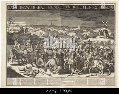 Kampf zwischen Mr. Van Breauté und Gerrit Abrahamsz. Auf Wiedersehen an die Vughterheide, 1600; Batalie von Breaut, ende lecker beetien. XXII Kontra XXII. Die Schlacht von Lekcurbeetje, 5. Februar 1600. Kampf zwischen den Fahrern von Herrn van Breuté, einem Franzosen, der bei den USA angestellt ist, und Gerrit Abrahamsz., Alias ​​Leccurbetetje, Leutnant Spaniens in 's-Hertogenbosch, an der Vughterheide bei Den Bosch, mit 21 Fahrern. Im Hintergrund links die Stadt Den Bosch, rechts Vught und eine Mühle. Im Vordergrund die Leiche aus Teak. Unter der Show eine detaillierte Geschichte des Kampfes in Niederländisch und Französisch, in 8 c Stockfoto