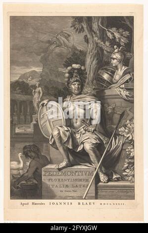 Mars; Titelseite für: Johannes Blaeu, Theatrvm StatvvM Regiæ Celsitvdinis Sabavdiæ DVCIS, Pedemontii Principis, 1682. Der Gott Mars mit Schild, Helm und Schwert sitzt auf einer Basis in einem Garten. Neben ihm gibt es alle möglichen Symbole der Kunst und der Wissenschaft. Entlang des Wassers ist ein flussgott mit einem Korb von Fischen. Auf der anderen Seite des Wassers ist ein Bild der Göttin des Erntedemeters zu sehen. Im Hintergrund ist ein Stier in den Bergen zu sehen. Zum Himmel, das Sternbild des Wassermanns. Stockfoto
