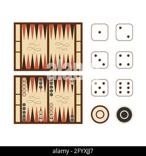 Klassisches Backgammon-Spielfeld mit Würfeln isoliert auf Weiß Stock Vektor